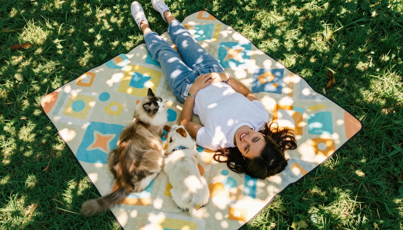 Aerial view of a woman lying on a colorful picnic blanket in a park with her cat and dog