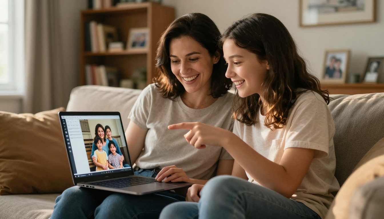 A mother and daughter sharing a joyful moment looking at a restored family photo on a laptop A mother and daughter sharing a joyful moment looking at a restored family photo on a laptop