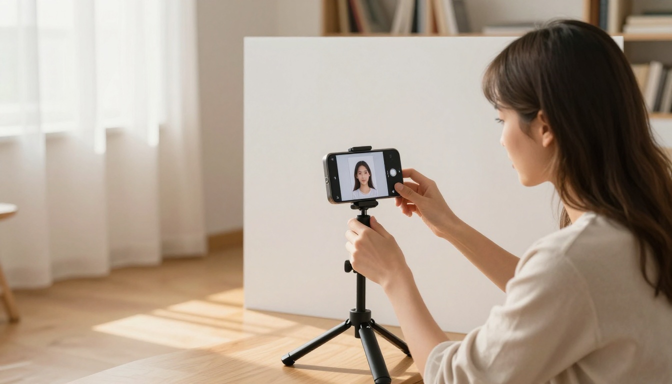 Setting up a DIY passport photo station at home with a smartphone on a tripod