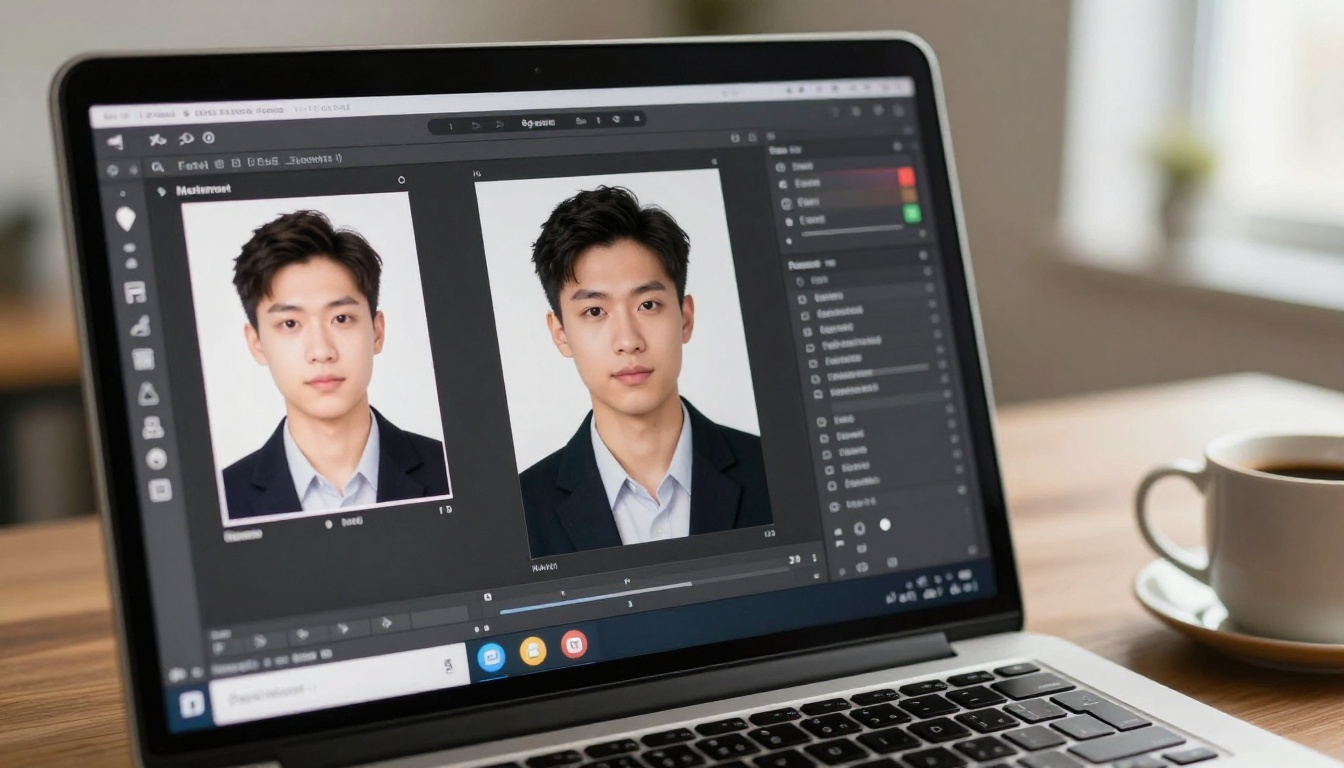 AI photo editing interface on laptop processing a passport portrait