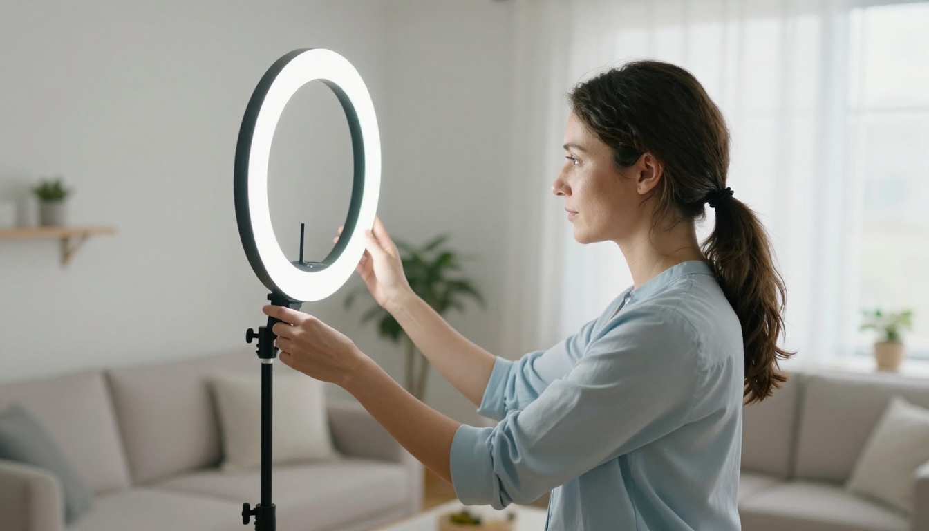Woman adjusting a ring light against a white backdrop for passport photo lighting