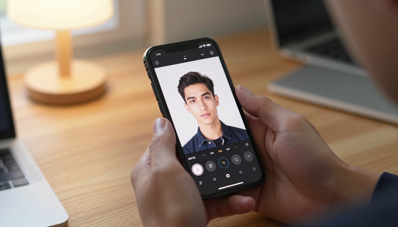 Holding a smartphone with AI passport photo interface result