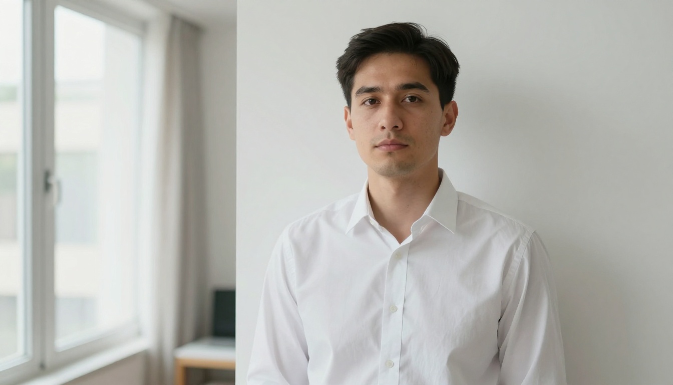 Man in white shirt against white wall demonstrating correct passport photo framing