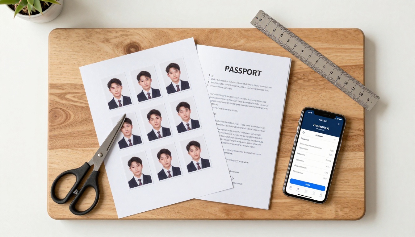 Overhead flat-lay of printed passport photos, scissors, and open passport on a desk