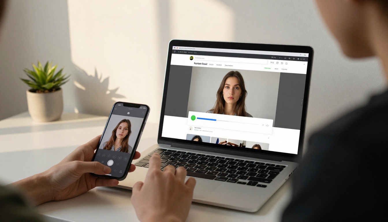 Hands uploading a passport photo from smartphone to laptop for AI processing