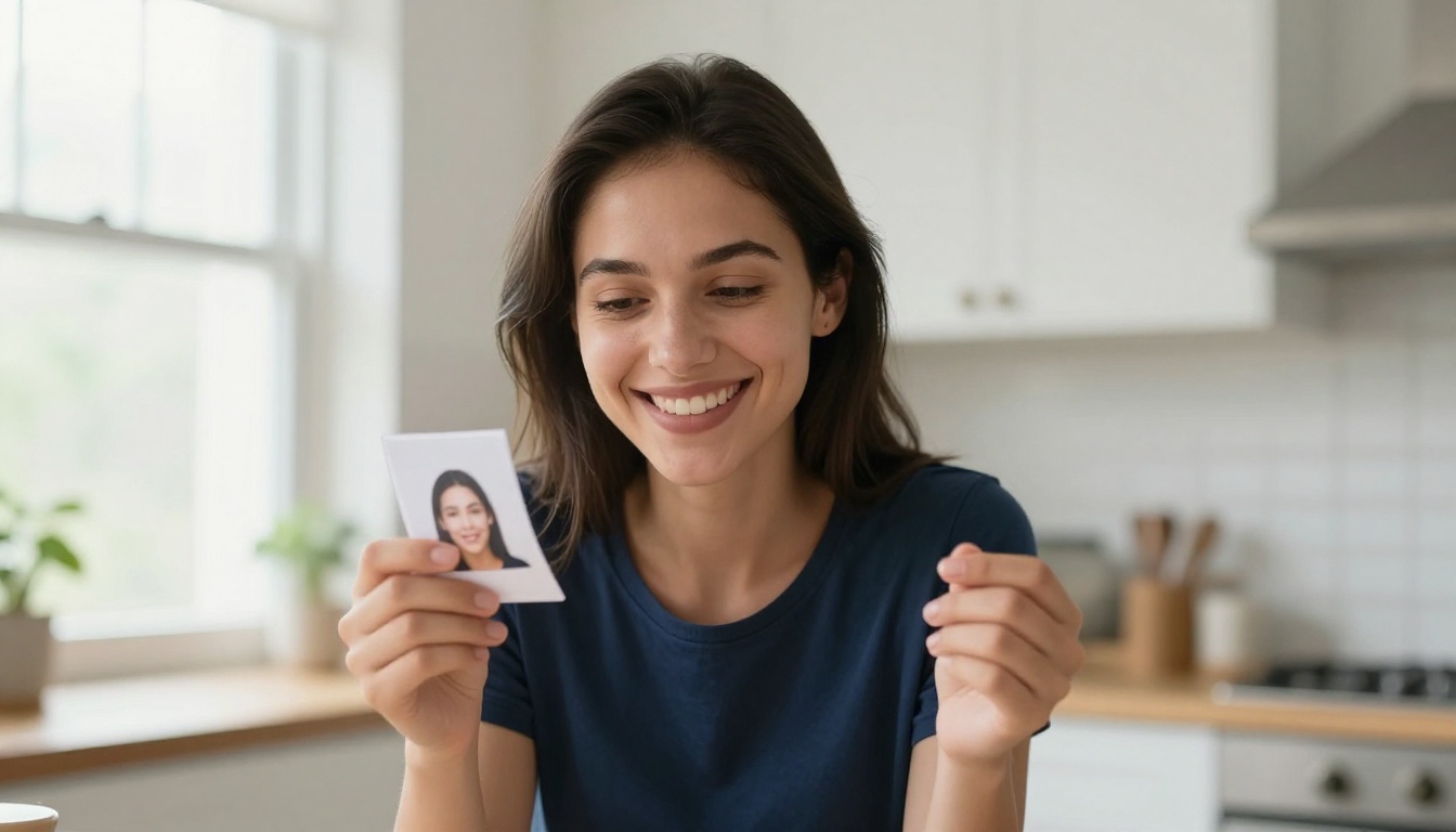 Woman holding a freshly printed passport photo with a satisfied expression