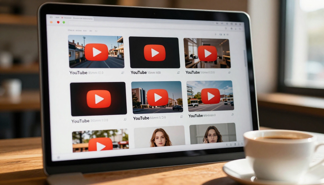 Laptop screen displaying a grid of YouTube thumbnails with bold typography