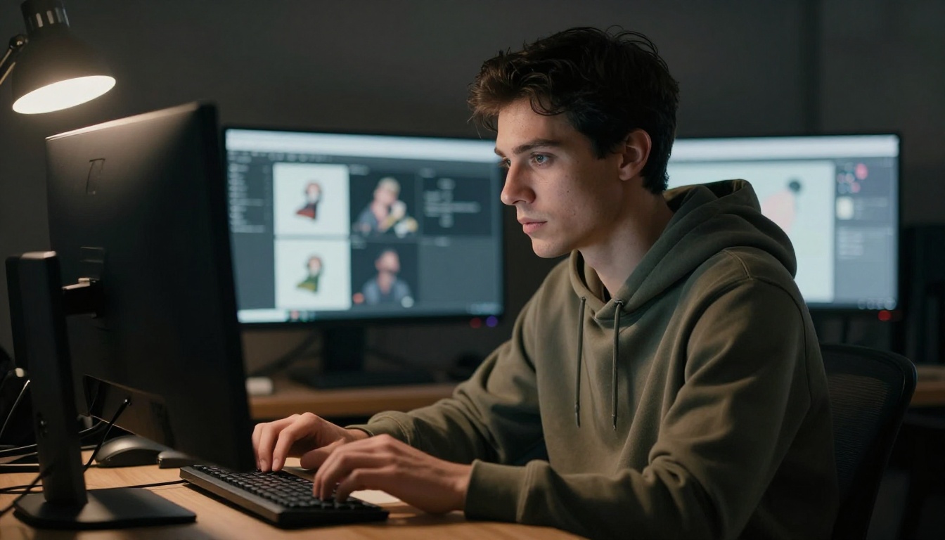 Young male content creator examining AI-generated thumbnail variations on a dual monitor setup in a home studio Young male content creator examining AI-generated thumbnail variations on a dual monitor setup in a home studio