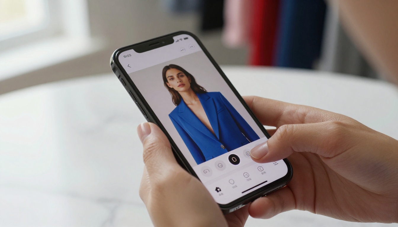 Hands holding smartphone with AI photo editing interface, outfit selected for color change