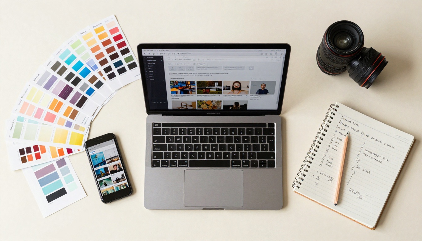 Overhead flat lay of a creative workspace with laptop, smartphone, color swatches, and handwritten prompt notes
