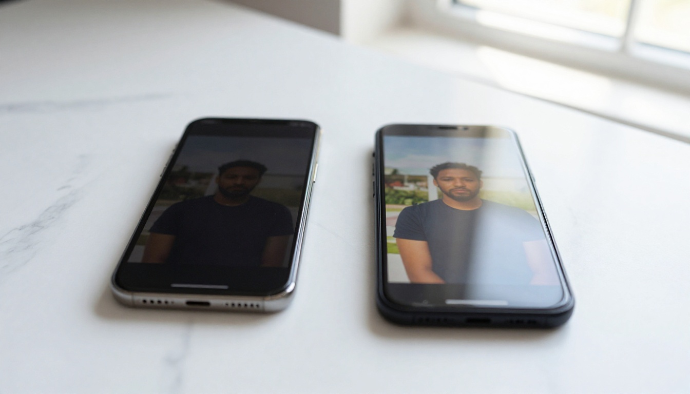 Two smartphones side by side comparing a blurry thumbnail versus a sharp high-quality thumbnail on a marble surface