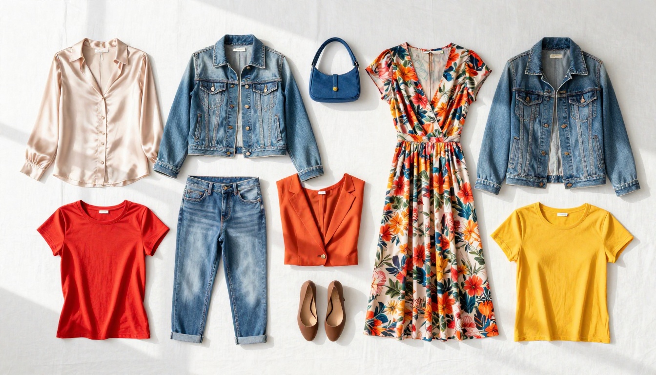 Overhead flat-lay of colorful clothing items on white linen surface, natural daylight