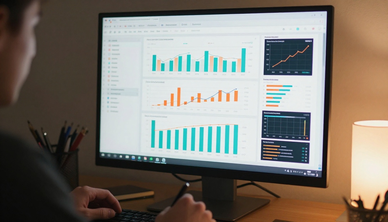 Analytics dashboard with CTR graphs trending upward, content creator's hand with pen in foreground