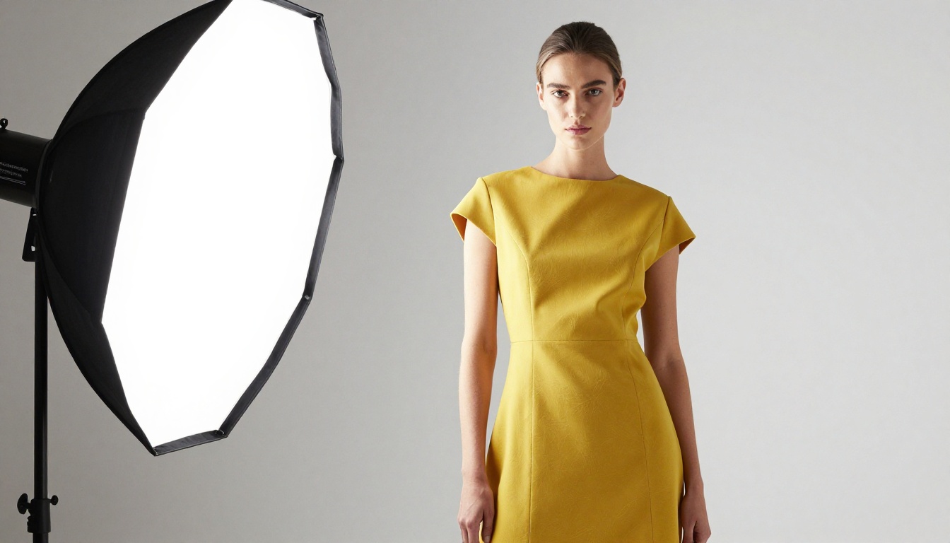 Fashion model wearing mustard yellow midi dress in minimalist white studio, professional editorial portrait