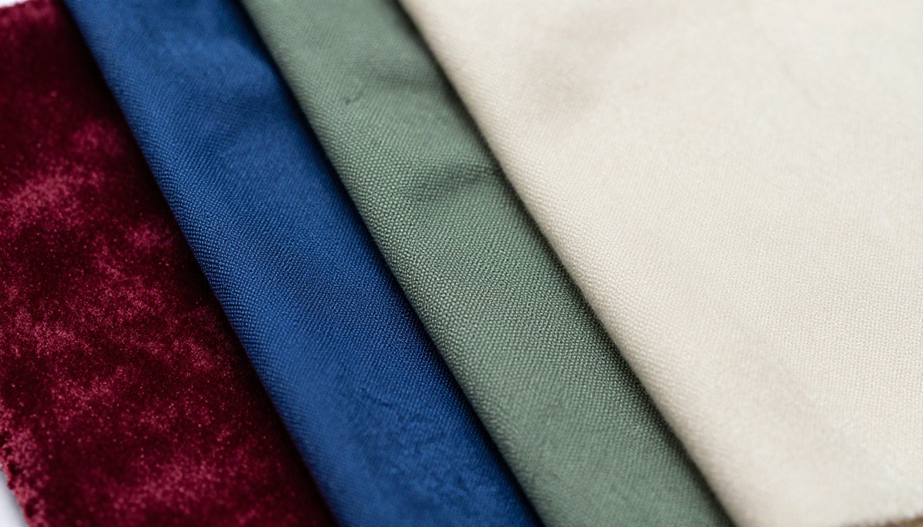 Extreme macro close-up of luxury fabric swatches showing velvet, silk, linen, cotton textures