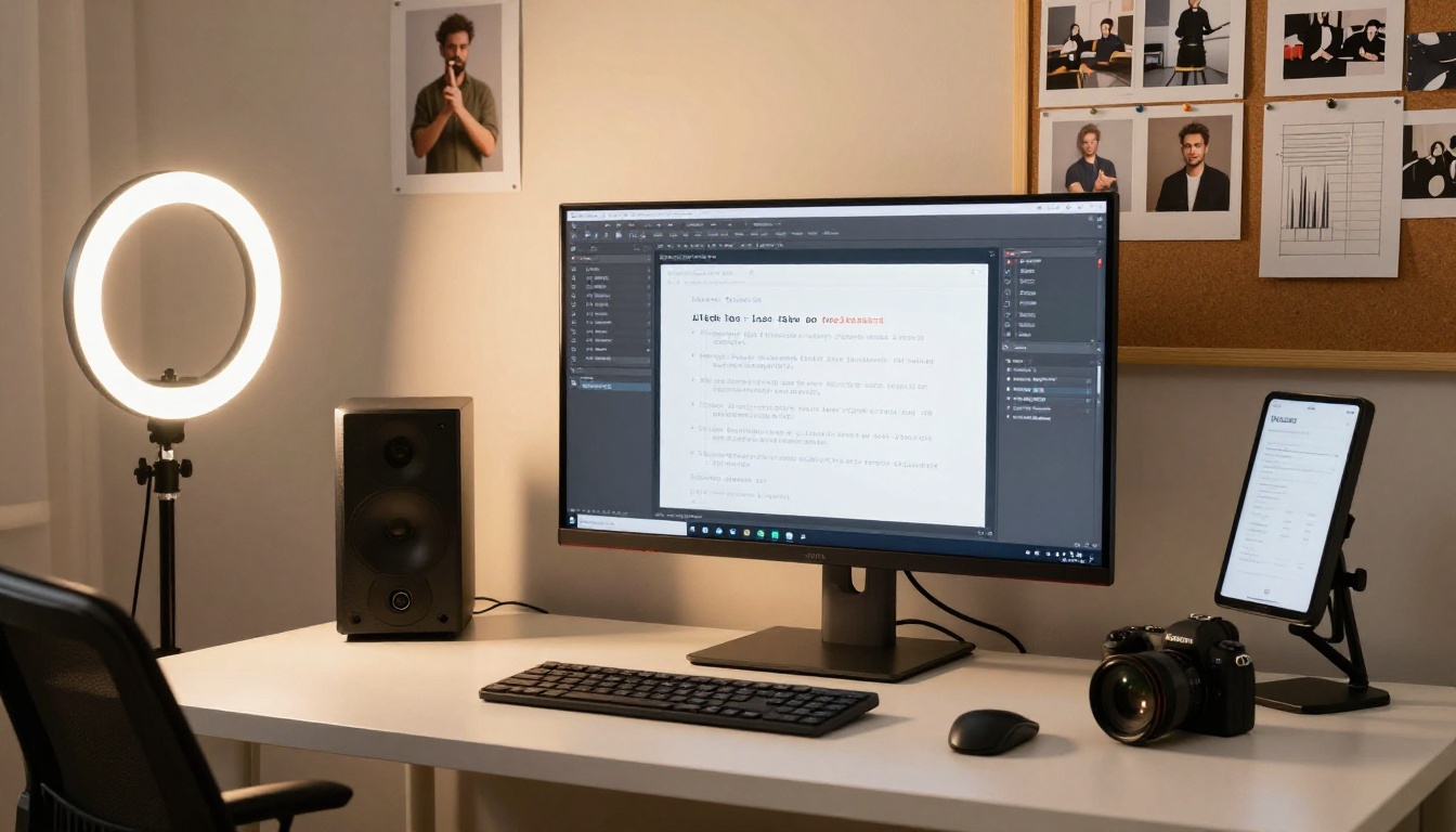 Modern home studio with large monitor displaying AI text-to-image interface, ring light, camera on tripod, and thumbnail mockups on wall Modern home studio with large monitor displaying AI text-to-image interface, ring light, camera on tripod, and thumbnail mockups on wall