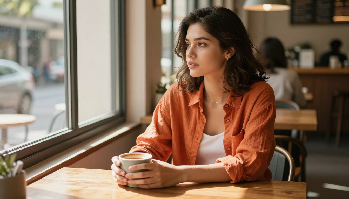 Candid lifestyle photo of stylish woman in terracotta orange linen shirt at wooden cafe table