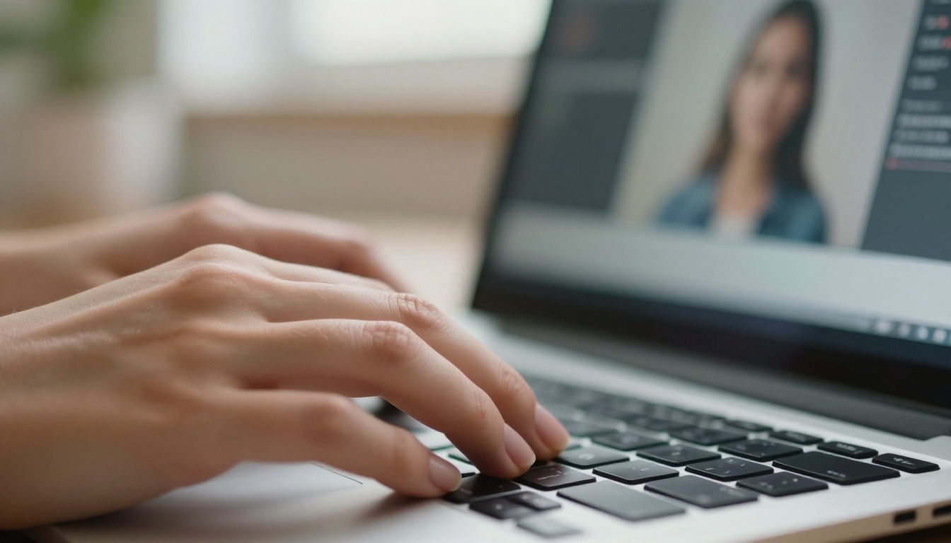 Hands typing on keyboard with an AI image generation interface visible on the monitor behind in soft focus