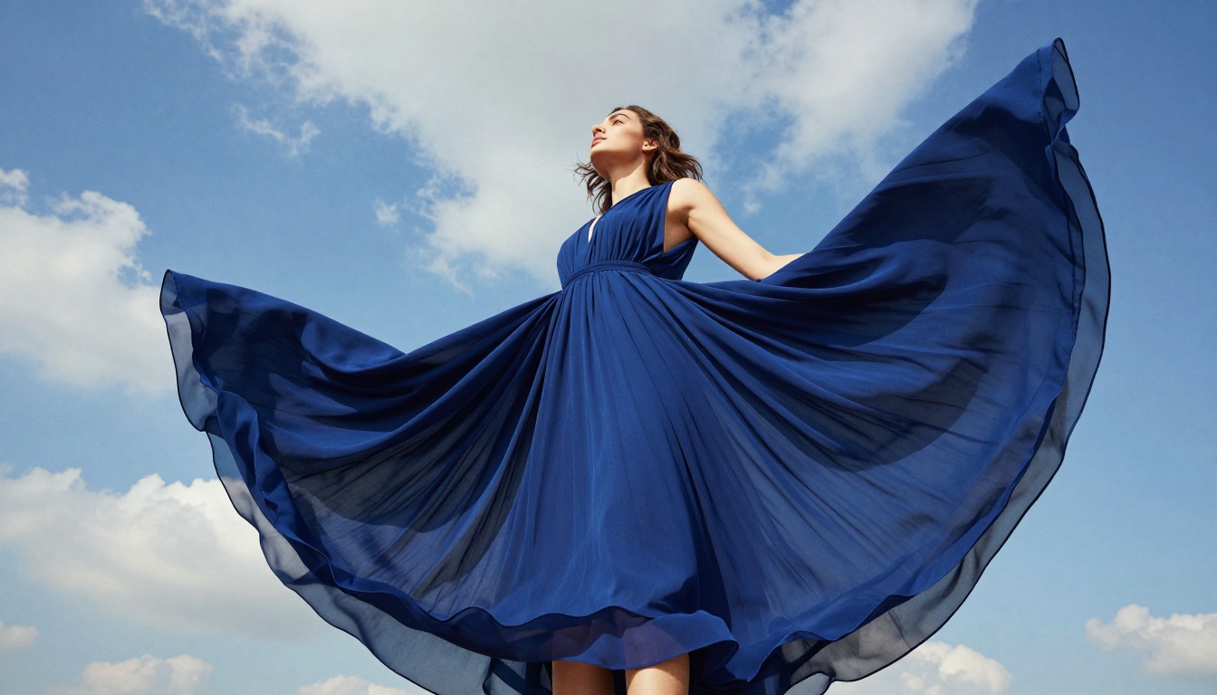 Low angle dramatic shot of flowing sapphire blue maxi dress against bright blue sky