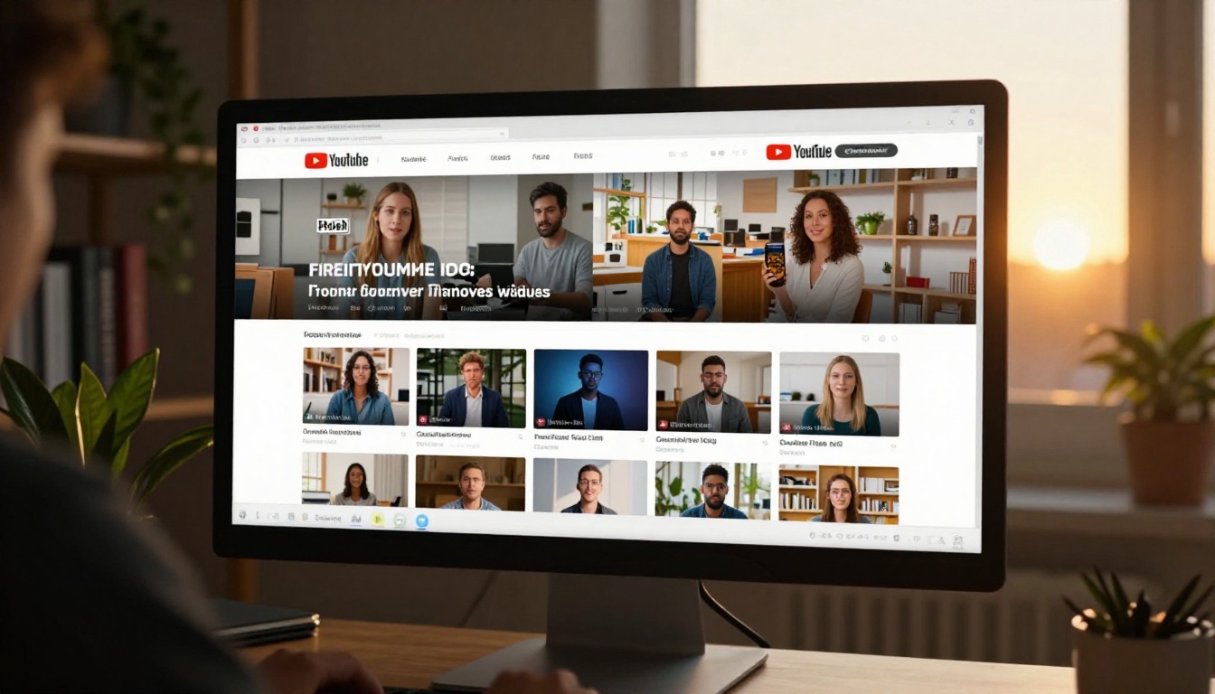 YouTube channel homepage on a large desktop monitor showing rows of professional vibrant thumbnails, golden hour light in the room YouTube channel homepage on a large desktop monitor showing rows of professional vibrant thumbnails, golden hour light in the room