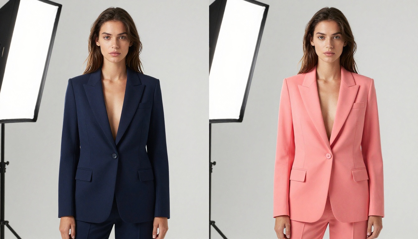 Side-by-side fashion editorial showing same woman with navy blazer versus coral pink blazer