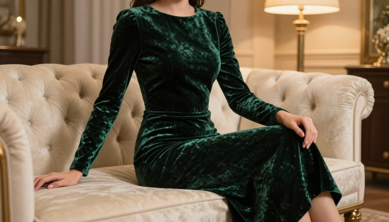 Elegant woman in forest green velvet evening dress on tufted ivory chaise lounge, warm interior lighting
