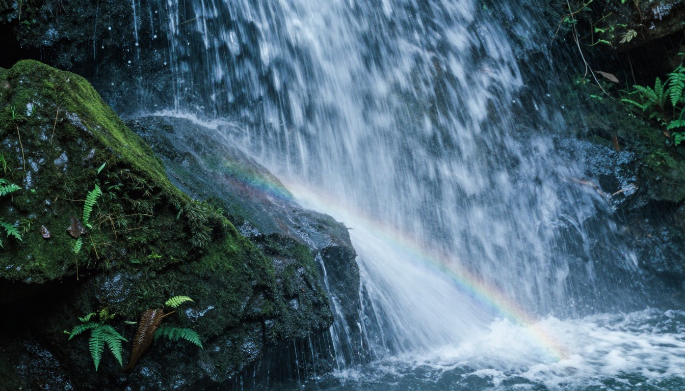 A stunning cascading waterfall over moss-covered granite boulders, showing the photorealistic detail achievable with AI image generation