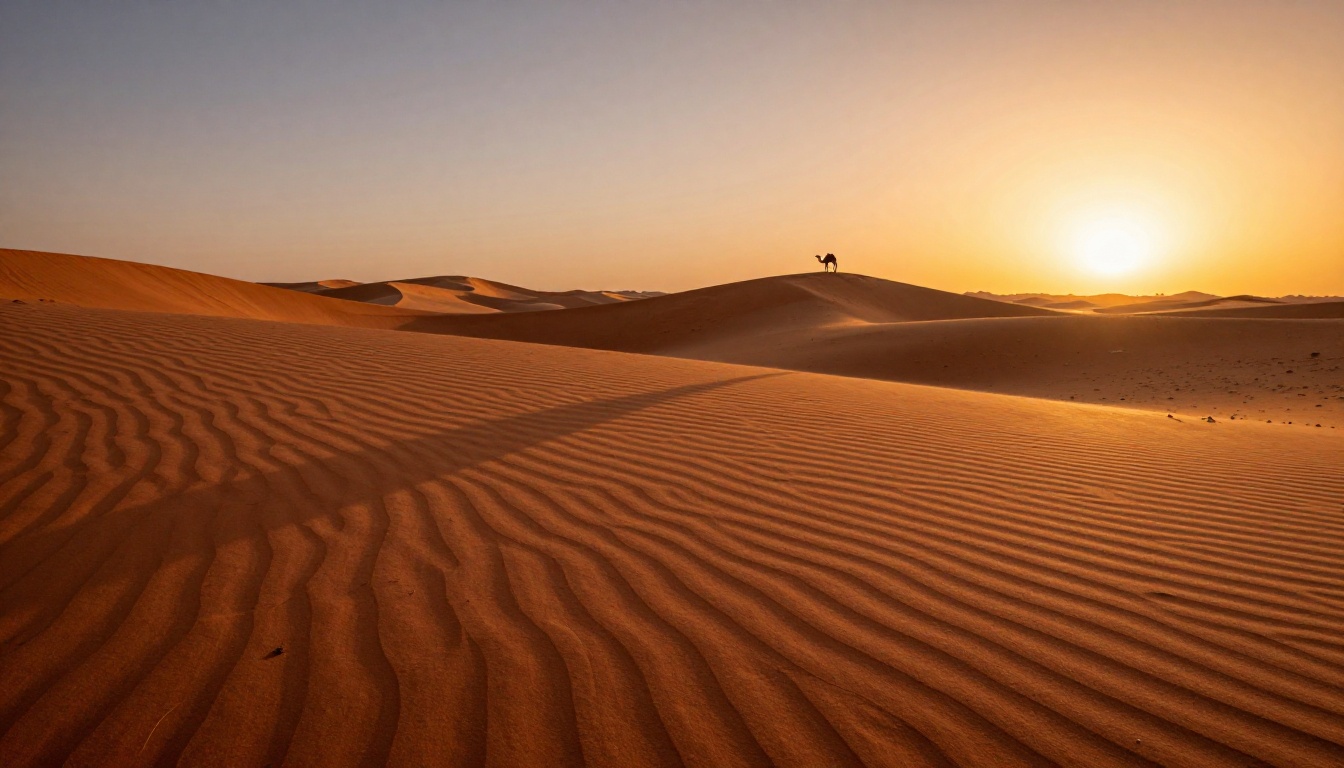 Vast Saharan sand dunes at sunset with razor-sharp shadow definition, showing the dramatic desert landscapes achievable through AI wallpaper generation