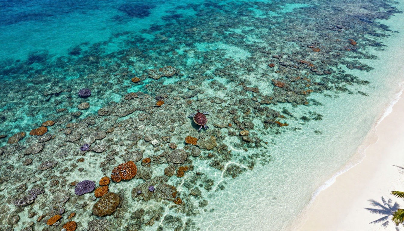 Aerial drone view of a pristine tropical coastline with coral reef patterns visible through crystal-clear water, a striking perspective for desktop wallpapers
