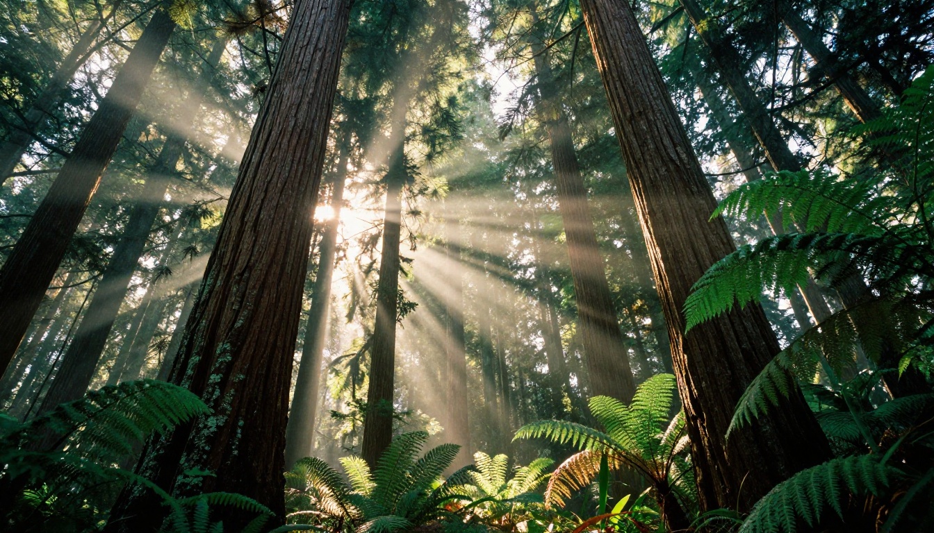 Low-angle upward view inside an ancient temperate rainforest with dramatic god rays breaking through the canopy, showing how AI handles complex natural lighting