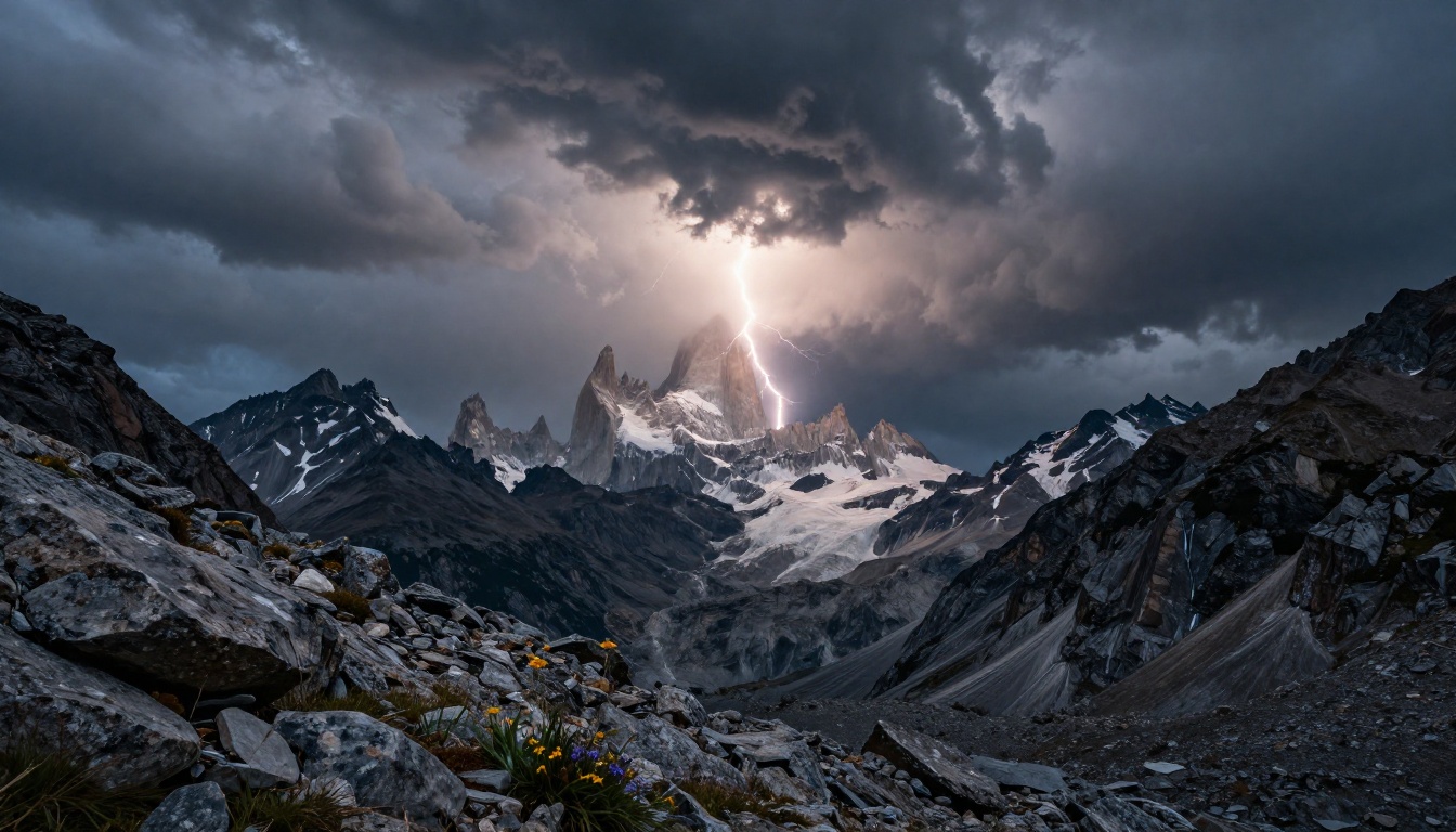 Snow-capped alpine peaks under a turbulent storm sky with a single beam of silver light, capturing the dramatic atmospheric power that makes mountain wallpapers so compelling