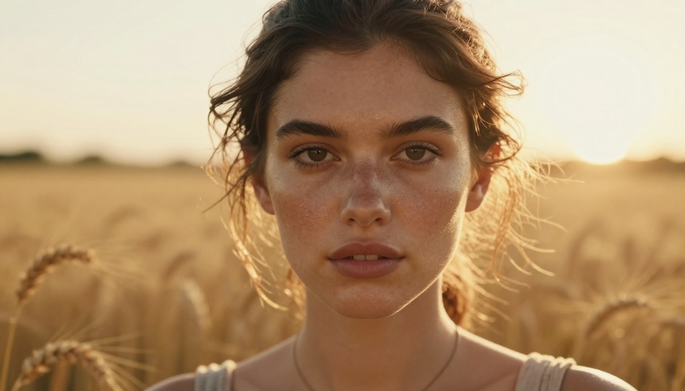 A portrait of a beautiful woman with golden hour rim lighting in a wheat field, showing how AI handles skin texture and shallow depth of field for wallpaper-quality portrait work
