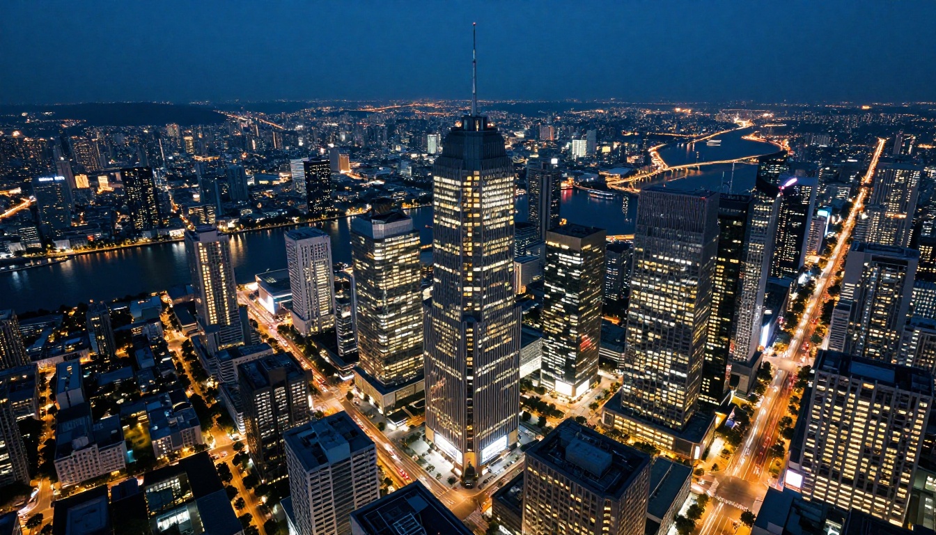 Aerial nighttime photograph of a dense modern metropolis at blue hour with light trails and glowing windows, perfect for dramatic dark-theme desktop wallpapers