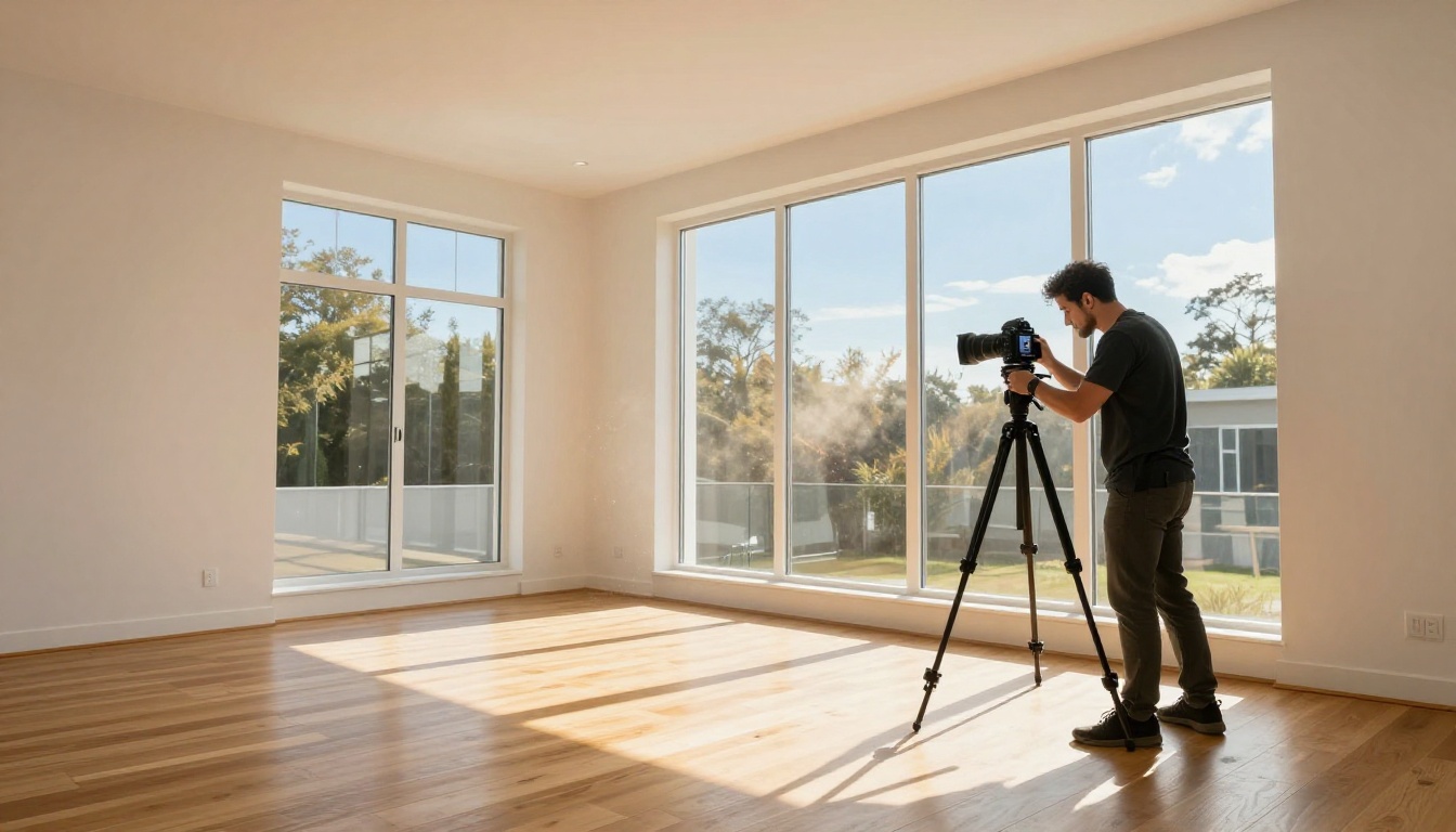 Professional photographer shooting a bright modern living room with DSLR on tripod