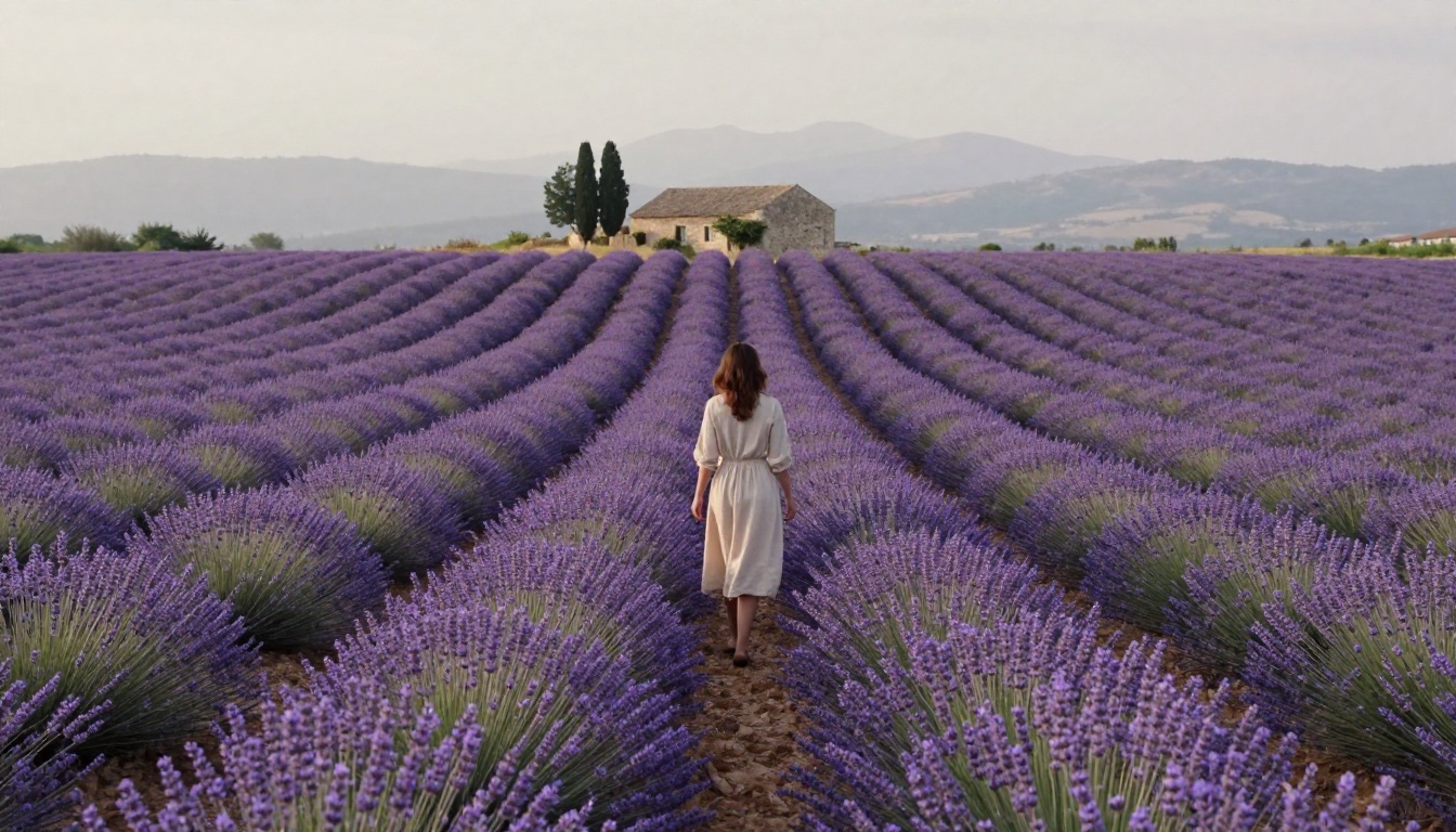 An expansive lavender field in Provence with a lone figure in a cream dress, demonstrating the human-scale reference that makes landscape wallpapers feel immersive and cinematic