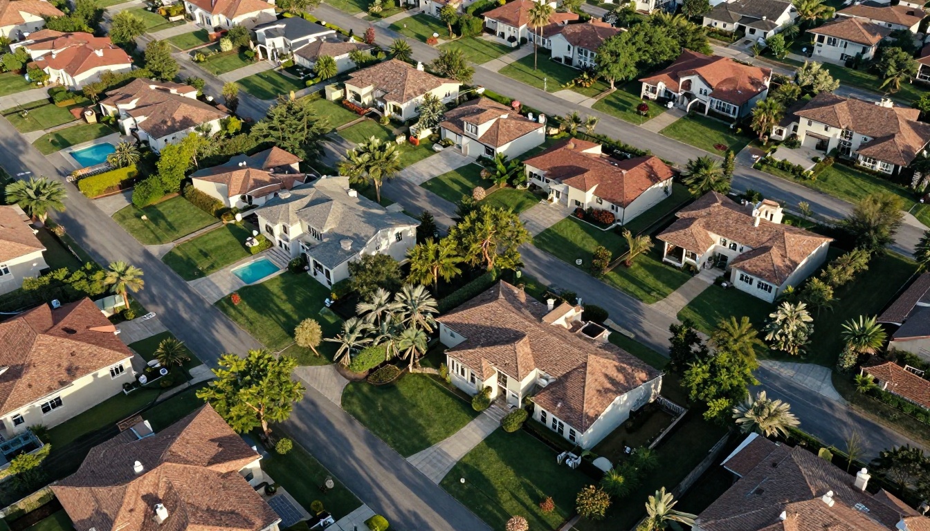 Aerial drone view of upscale suburban neighborhood with manicured green lawns