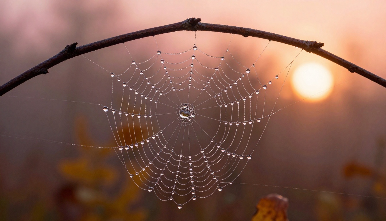 Close-up macro photograph of a dewy spider web at sunrise with each thread beaded with water droplets, showing the fine detail AI models can produce for abstract or nature wallpapers