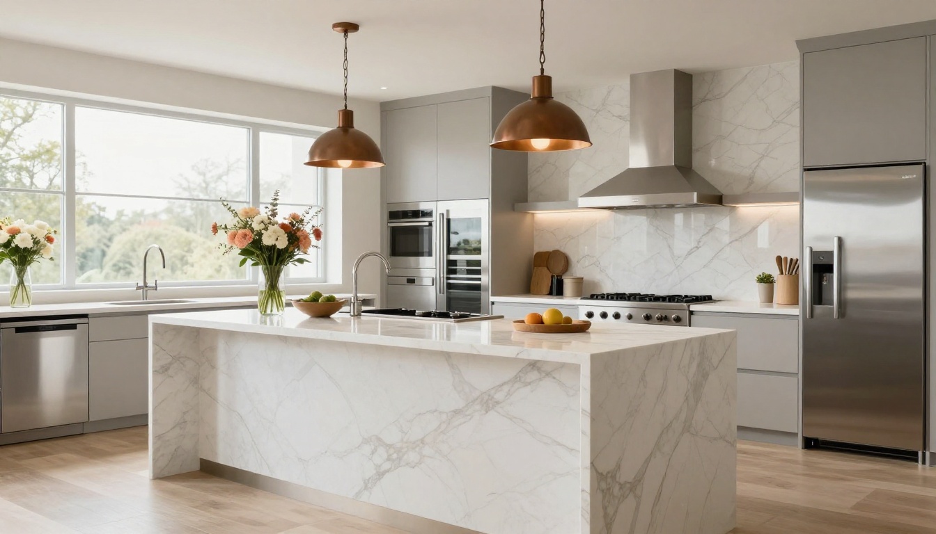 Luxurious modern kitchen with white marble island and natural window light