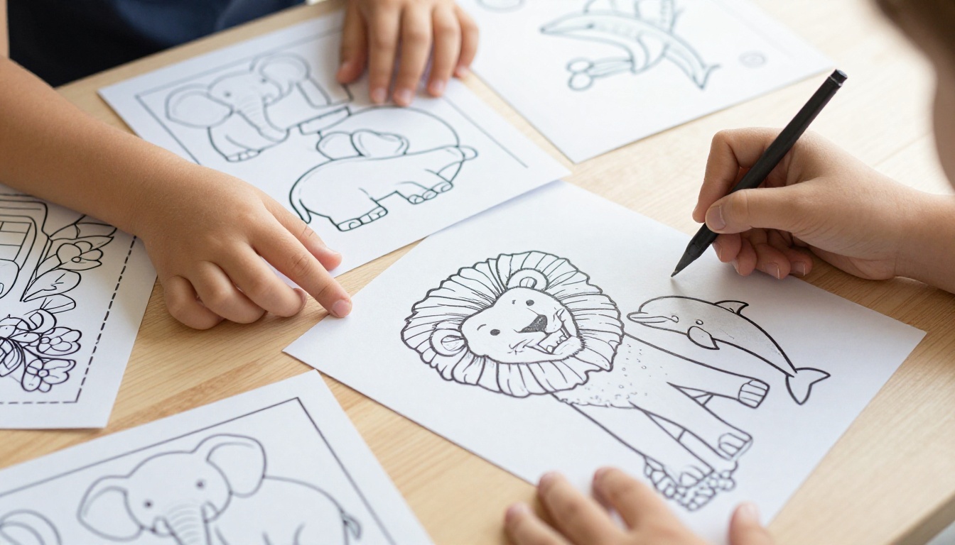 Child hands selecting from a spread of multiple freshly printed AI coloring pages on a birchwood table, choosing an elephant, lion, and dolphin outline