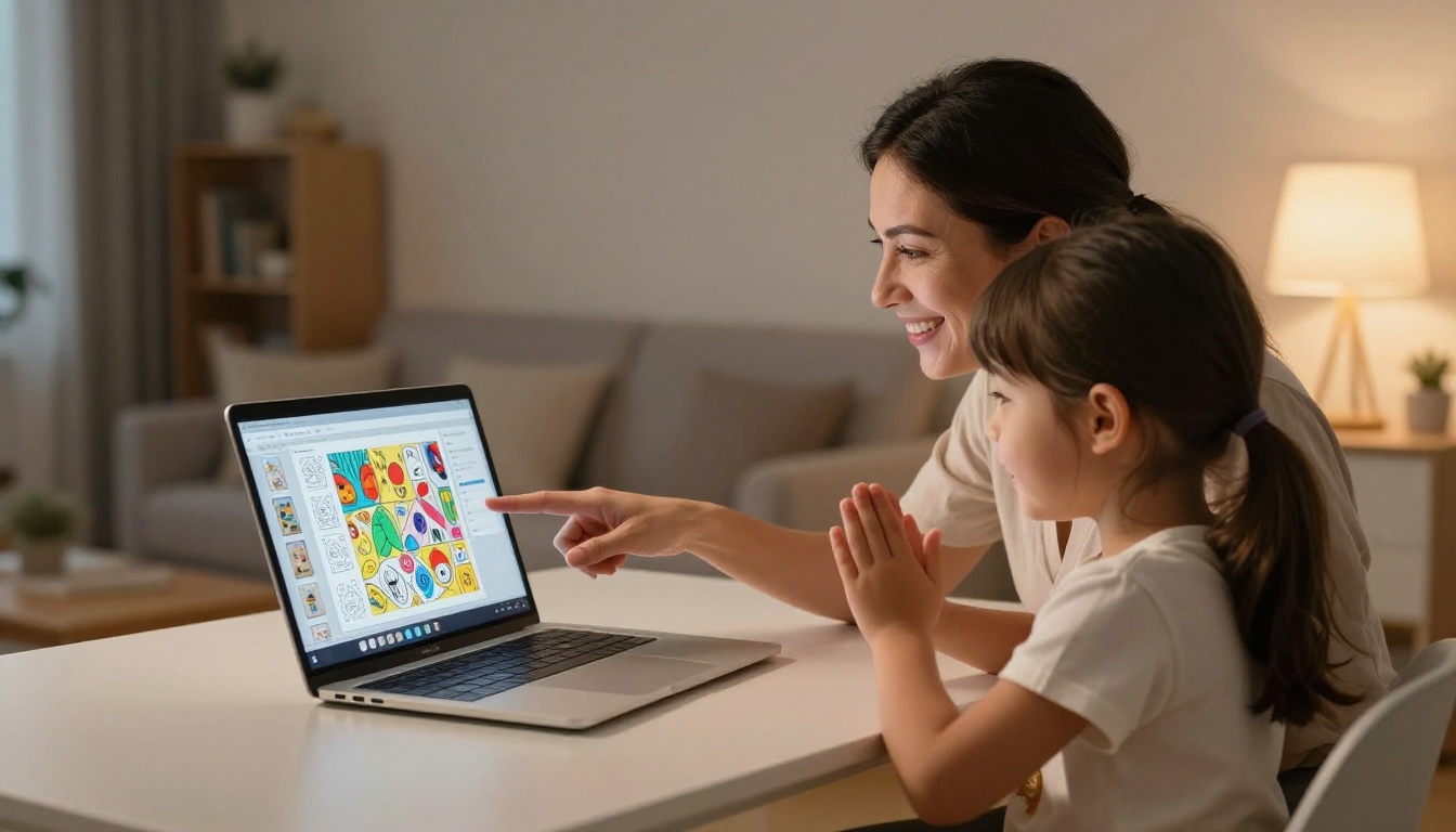 A mother and young daughter sitting together at a white desk, looking at a laptop screen displaying AI-generated coloring page thumbnails