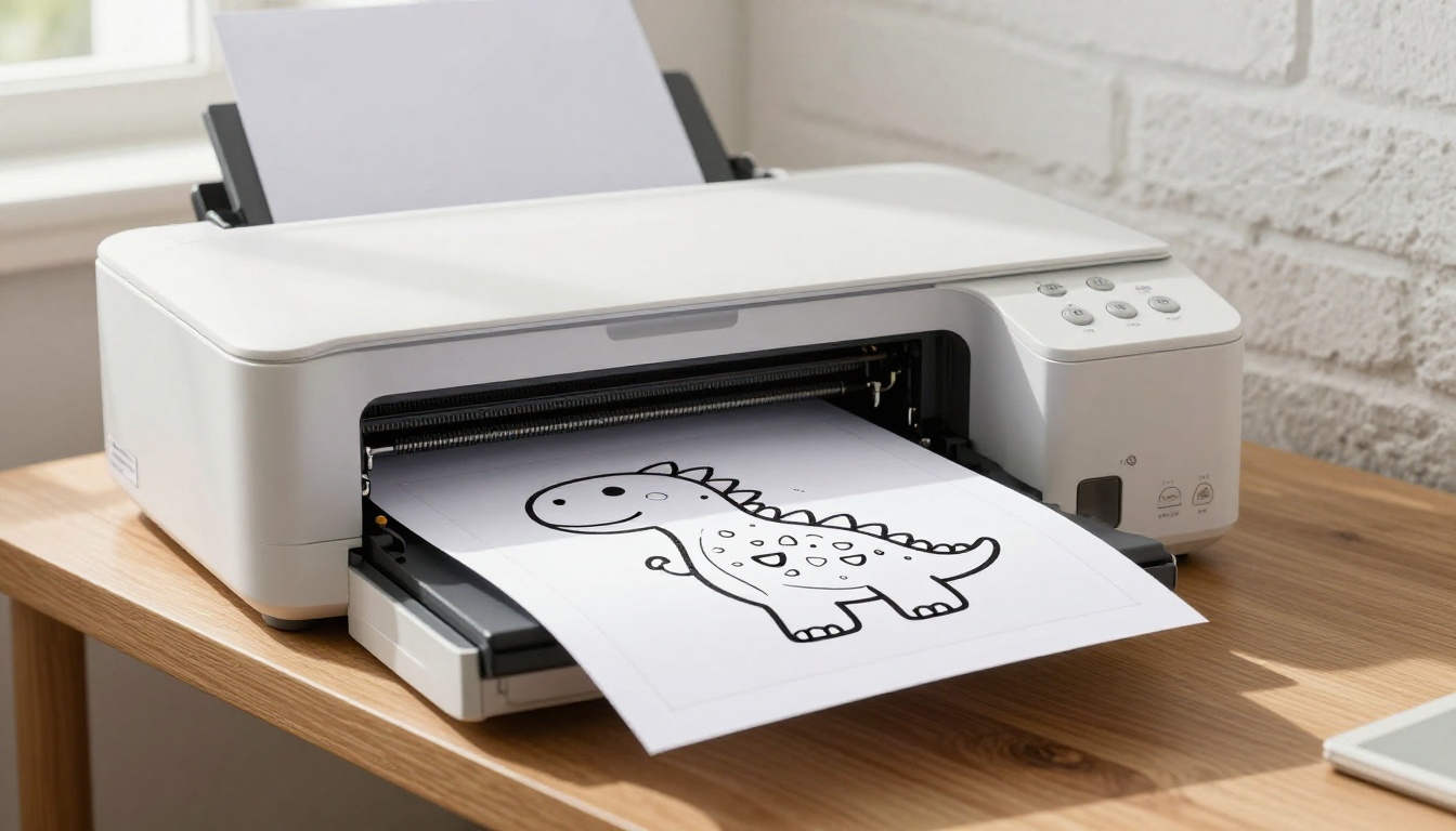 A modern white inkjet printer actively printing a bold-lined dinosaur coloring page, paper emerging from the slot in dramatic low-angle side light
