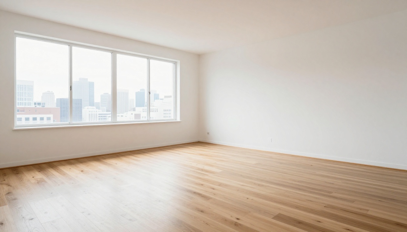 Empty unfurnished modern living room with hardwood floors and city view