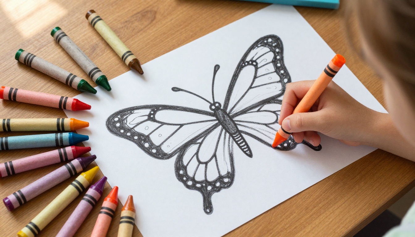 Overhead shot of a young girl's hands actively coloring a large butterfly outline with an orange crayon, twelve rainbow crayons scattered across the wood table