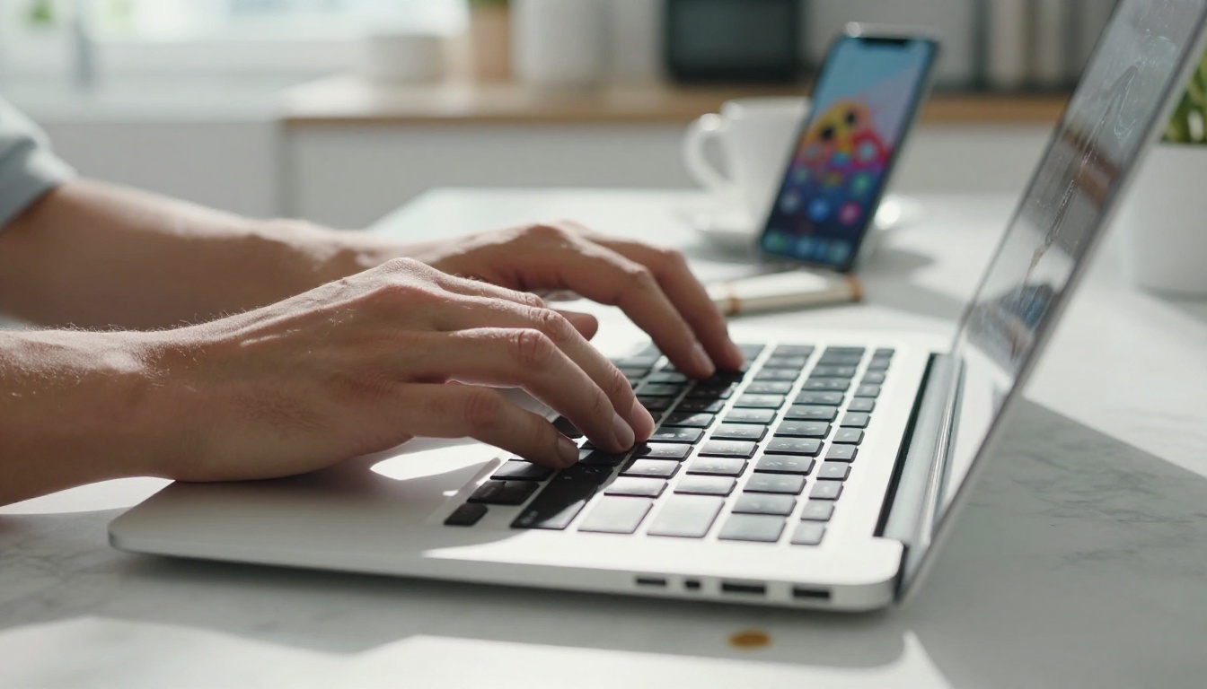 Close-up of fingers typing on a silver laptop keyboard with a smartphone propped against a coffee cup, morning sunlight hitting white marble countertop