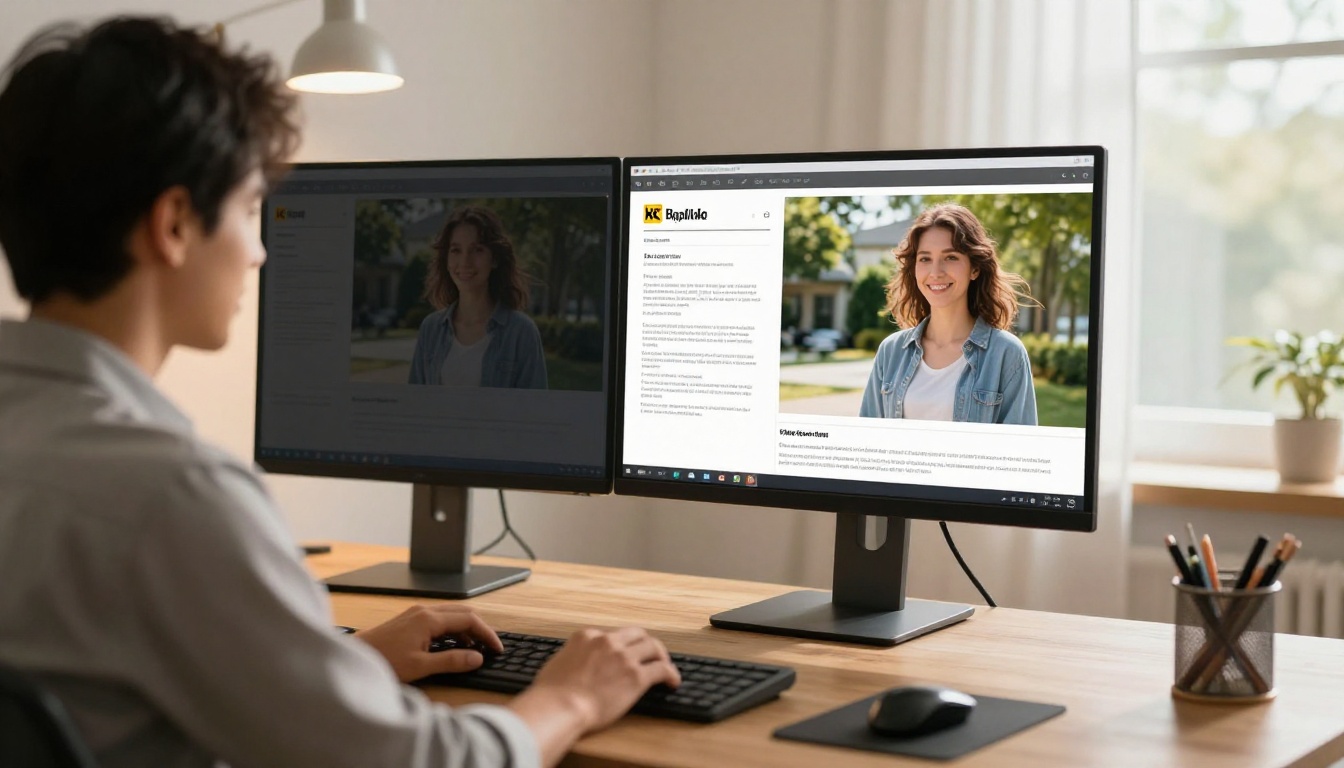Real estate agent reviewing AI-improved property listing photos on a monitor