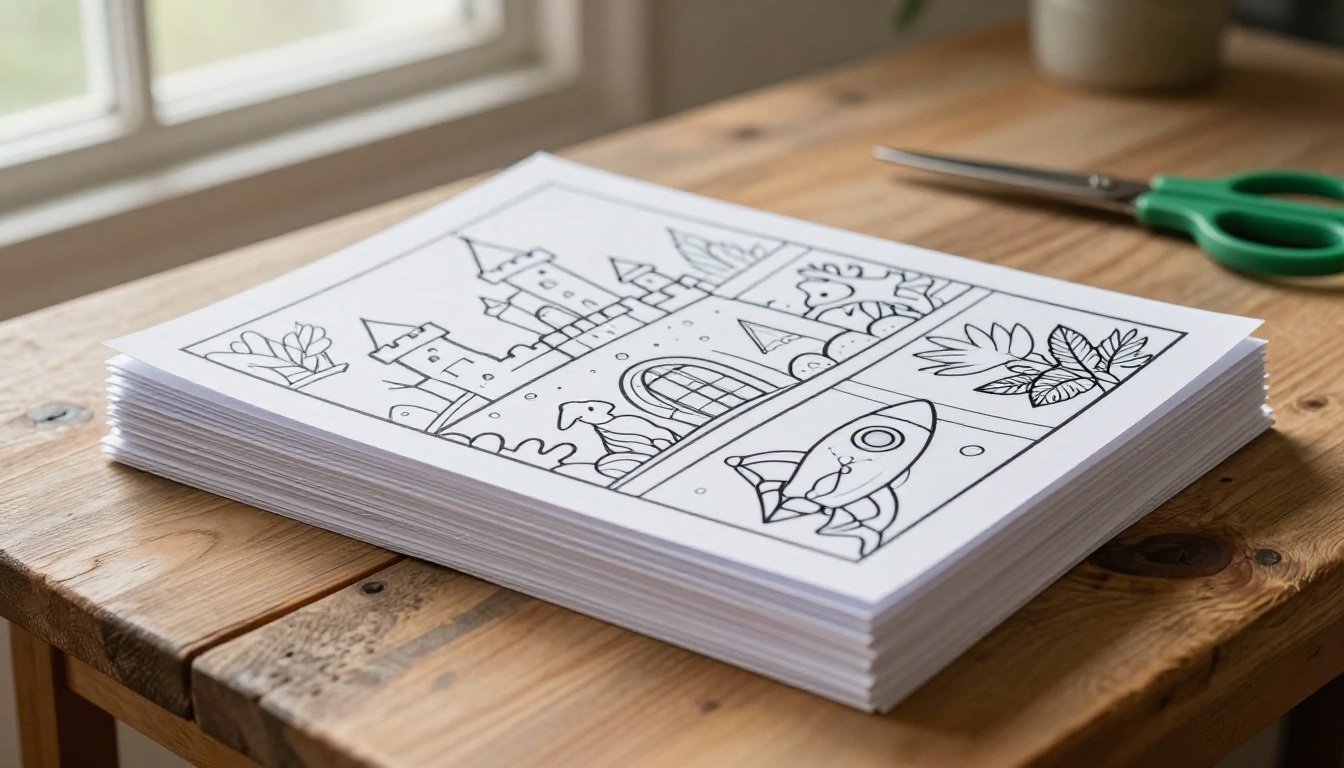 A beautifully composed still-life of a neat stack of printed coloring pages showing a castle, forest animals, a mermaid, and a rocket ship, with a green crayon beside them