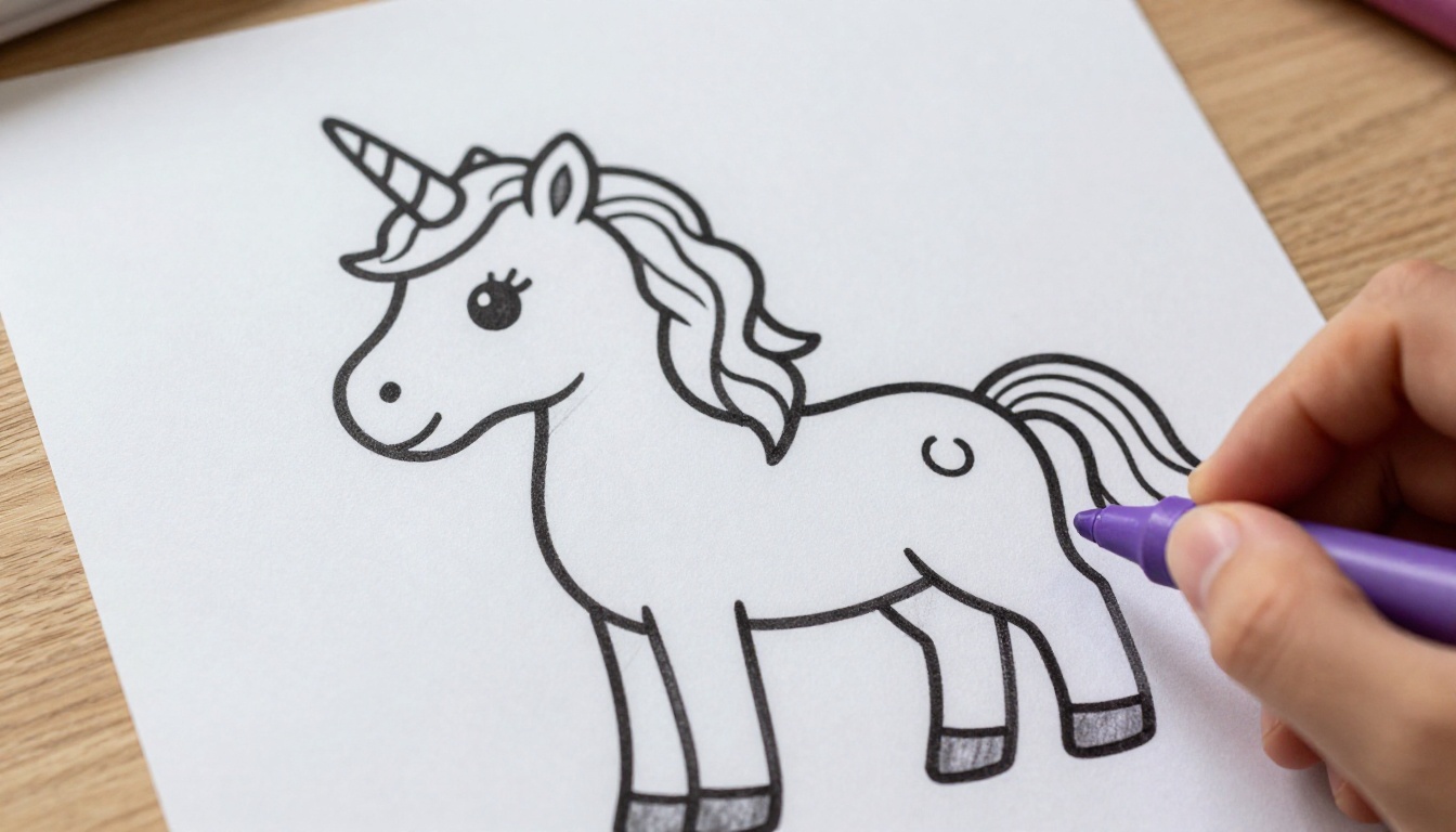 Macro close-up of a printed unicorn coloring page with bold clean ink outlines, a child's hand entering the frame with a purple crayon ready to color the mane