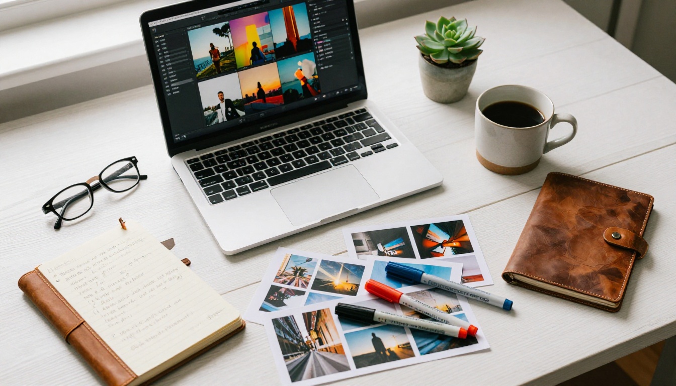 Aerial flat lay of creative workspace with open MacBook, scattered printed photo strips, leather notebook, colored markers, coffee mug, and small succulent on white wooden table
