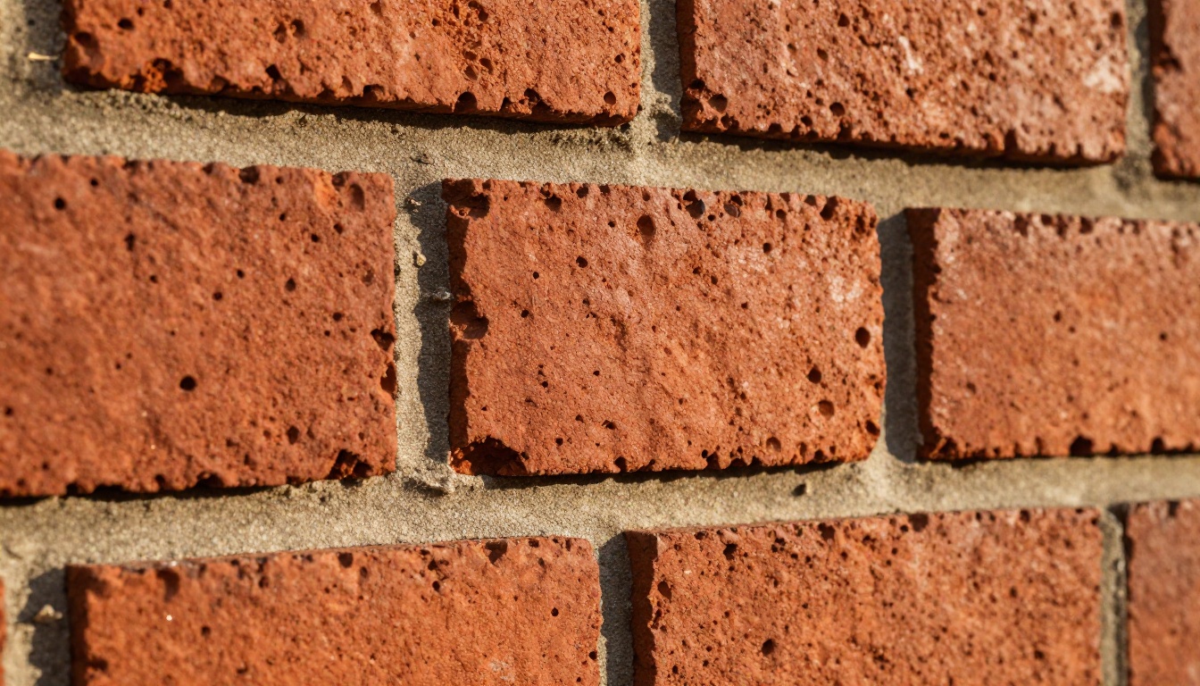 Macro close-up of red brick house exterior showing AI-sharpened surface texture