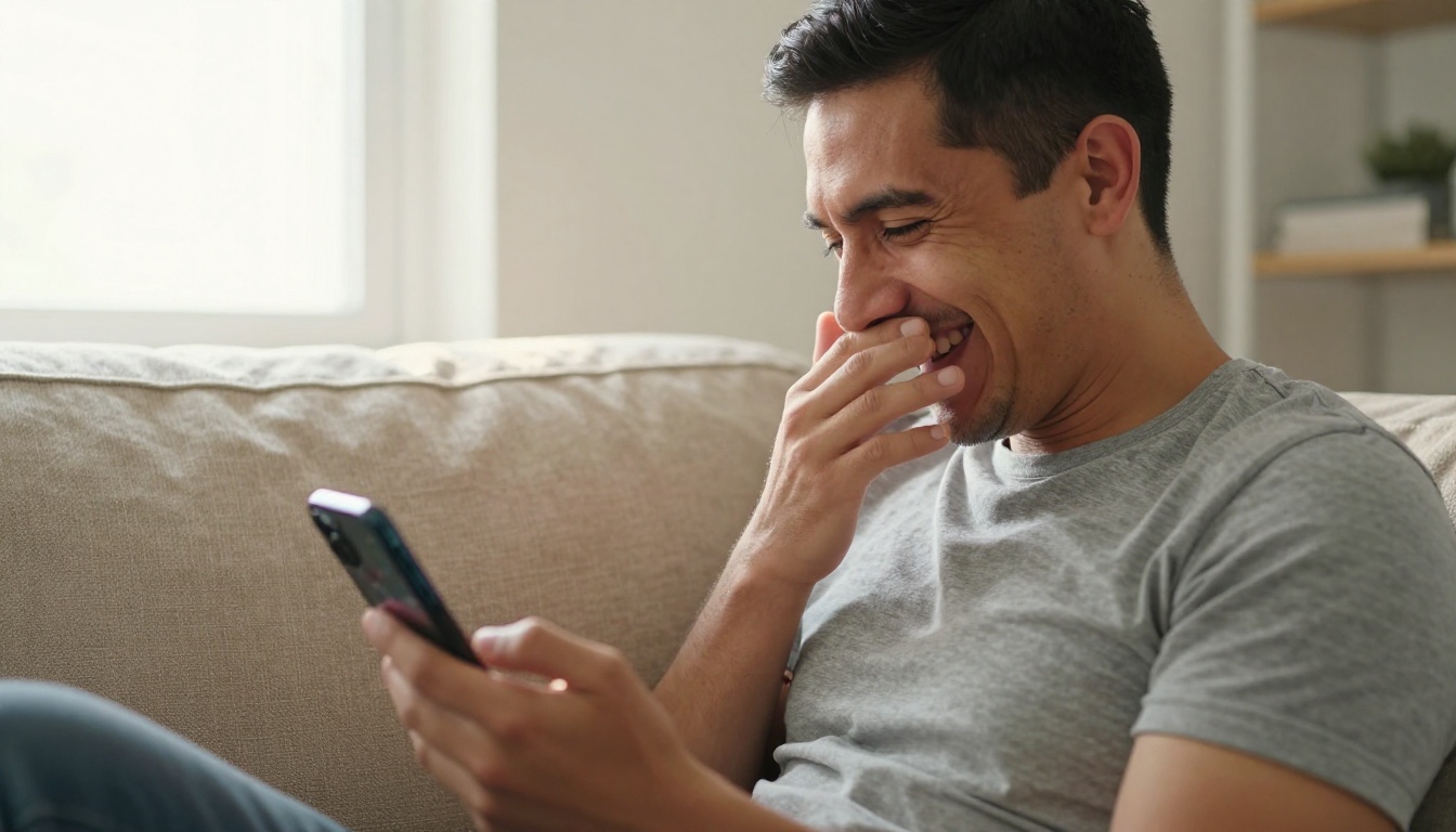 Hispanic man sitting on a beige linen sofa laughing genuinely at a smartphone screen, warm afternoon light creating soft rim lighting on his shoulder and cheekbone